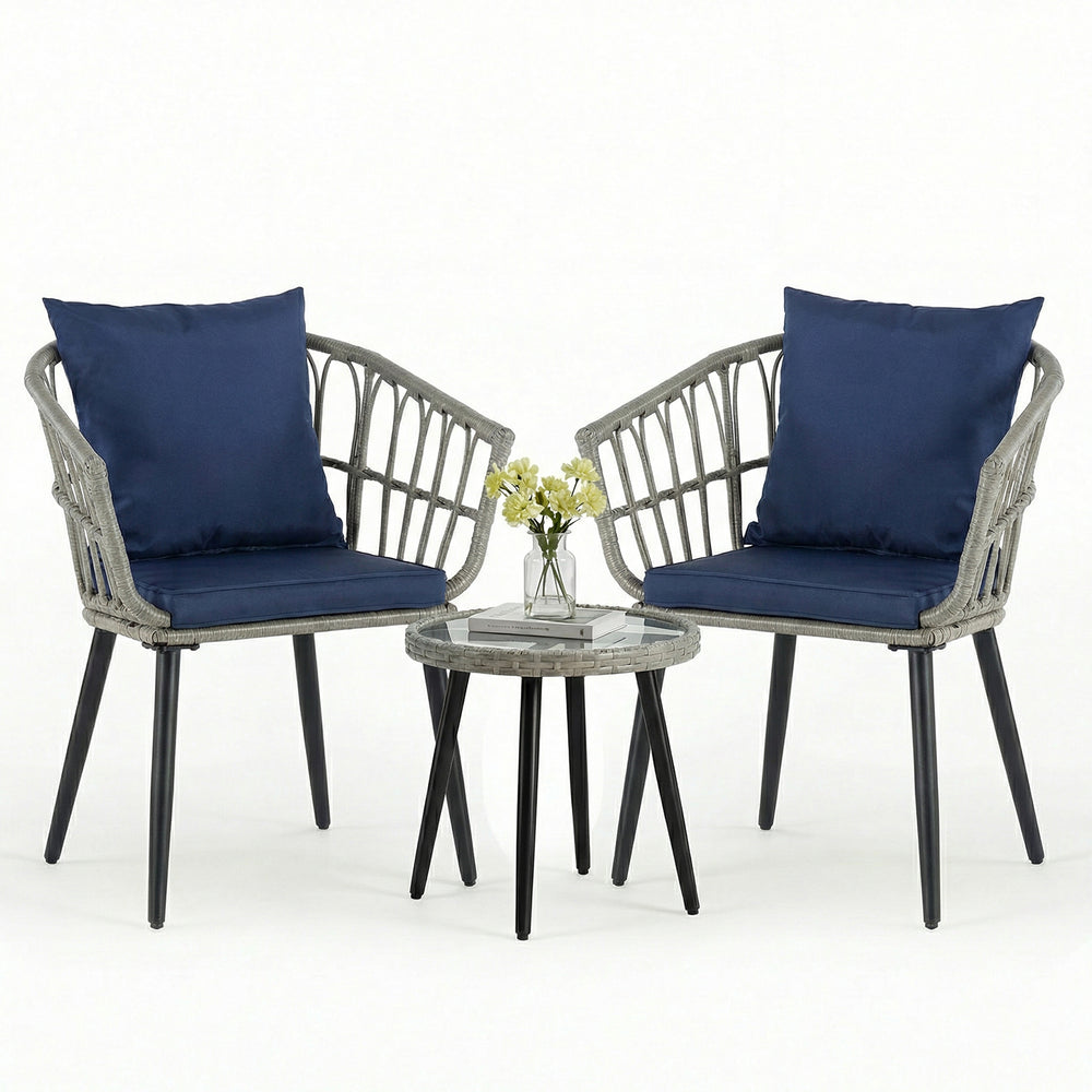 CONCETTA 3 Piece Outdoor Patio Furniture Set, Wicker Bistro Chairs with Glass Top Table for Apartment Balcony, Small Backyard, Porch and Deck