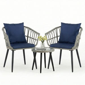 CONCETTA 3 Piece Outdoor Patio Furniture Set, Wicker Bistro Chairs with Glass Top Table for Apartment Balcony, Small Backyard, Porch and Deck
