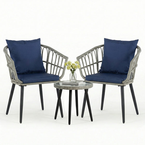 CONCETTA 3 Piece Outdoor Patio Furniture Set, Wicker Bistro Chairs with Glass Top Table for Apartment Balcony, Small Backyard, Porch and Deck