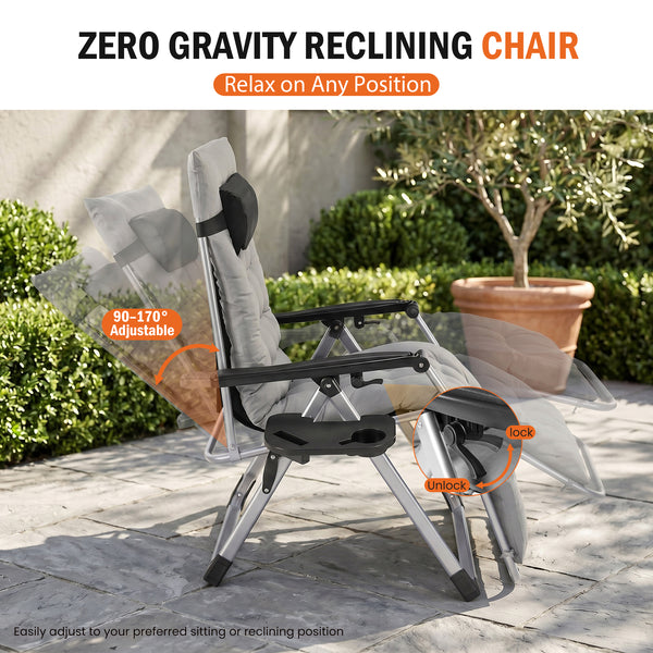 SHOUFTW Padded Zero Gravity Lounge Chair with Detachable Cushion & Side Tray, Folding Reclining Patio Chair, Outdoor Lawn Lounger