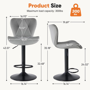 Set of 2 Swivel Bar Stools - Adjustable Height Modern Faux Leather Barstools Counter Bar Chairs with Backrest for Kitchen Island & Home Bar, Gray