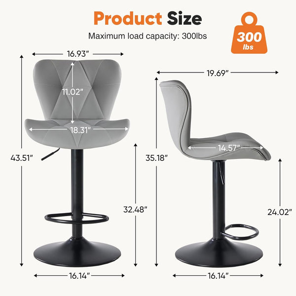 Set of 2 Swivel Bar Stools - Adjustable Height Modern Faux Leather Barstools Counter Bar Chairs with Backrest for Kitchen Island & Home Bar, Gray