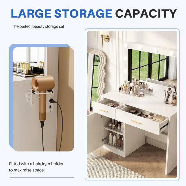 CONCETTA Vanity Desk with Mirror and Lights, Makeup Vanity Table with Hair Dryer & Power Outlet, Dressing Table for Bedroom
