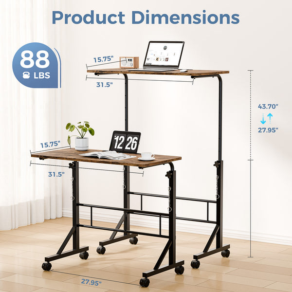 CONCETTA Adjustable Height Mobile Standing Desk with Wheels, 16"x31.5" Small Rolling Computer Desk for Home Office