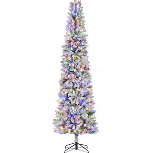 CONCETTA Flocked Pencil Christmas Tree w/Twinkling LEDs, Lighted Skinny w/Base, 150 Lights, 268 Tips, Warm White Lights
