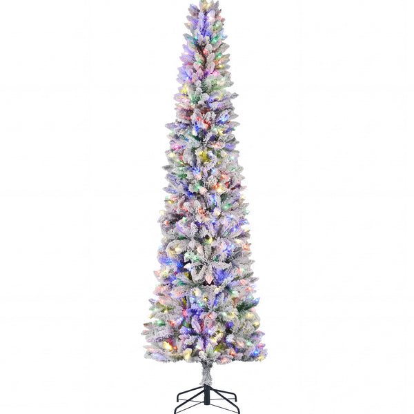 CONCETTA Flocked Pencil Christmas Tree w/Twinkling LEDs, Lighted Skinny w/Base, 150 Lights, 268 Tips, Warm White Lights