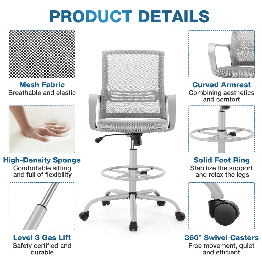 CONCETTA Tall Office Drafting Ergonomic Lumbar Support Standing Desk Chair