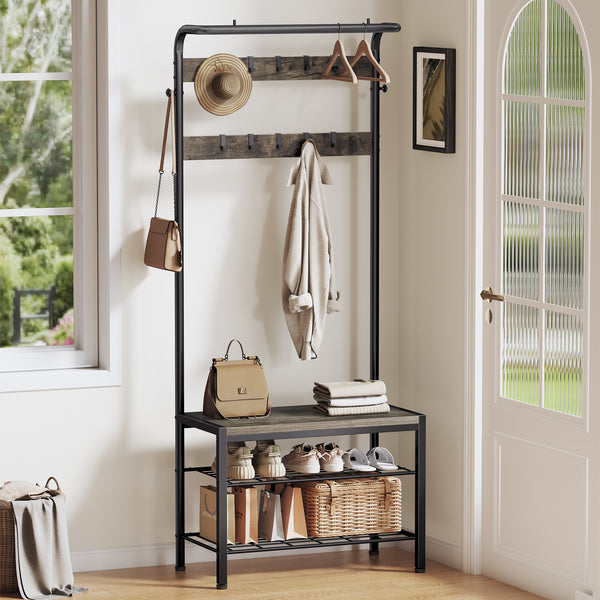 CONCETTA 4-in-1 Coat Rack Hall Tree with Shoe Bench, Shoe Storage, Removable Hooks, Hanging Rod, 13.3 x 28.3 x 72.1 Inches