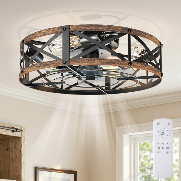 CONCETTA Farmhouse Flush Mount Ceiling Fan with Lights, Quiet Bladeless Fandelier for Bedroom Kitchen, Remote Control Rustic Low Profile Caged Ceiling Fan