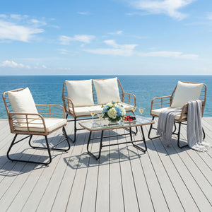 CONCETTA 3 Piece Outdoor Patio Furniture Set, Wicker Bistro Chairs with Glass Top Table for Apartment Balcony, Small Backyard, Porch and Deck