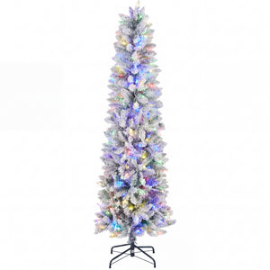 CONCETTA Flocked Pencil Christmas Tree w/Twinkling LEDs, Lighted Skinny w/Base, 150 Lights, 268 Tips, Warm White Lights