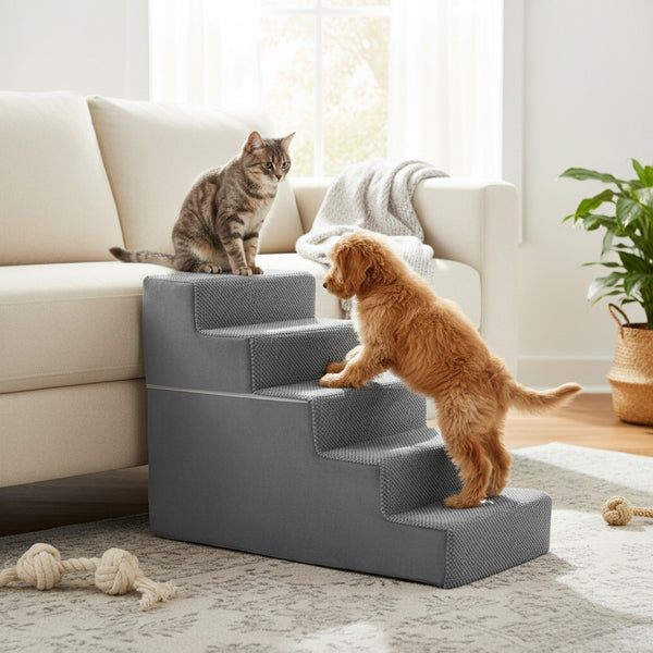 SHOUFTW Round Edge Pet Stairs Ramp, High-Density Foam Dog Cat Steps, Non-Slip Indoor Ladder for Couch, High Beds, Car, Gray