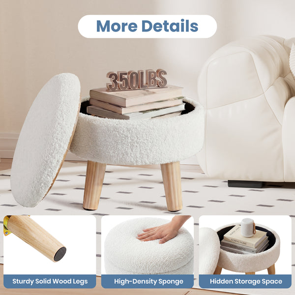 CONCETTA Round Storage Ottoman with Soft Padded Seat, Teddy Velvet Footstool with Wood Legs, Accent Ottoman for Living Room & Entryway