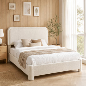 CONCETTA Bed Frame with Boucle Upholstery, Modern Platform Bed with Headboard, Soft Rounded Corners, No Box Spring Needed, Easy Assembly, White
