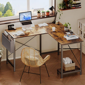 CONCETTA 49in Reversible L Shaped Computer Desk with Storage, Coner Desk with Wooden Desktop, CPU Stand and Side Bag for Home Office & Gaming