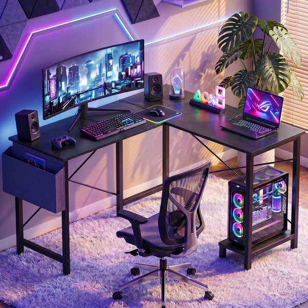 CONCETTA 49in Reversible L Shaped Computer Desk with Storage, Coner Desk with Wooden Desktop, CPU Stand and Side Bag for Home Office & Gaming