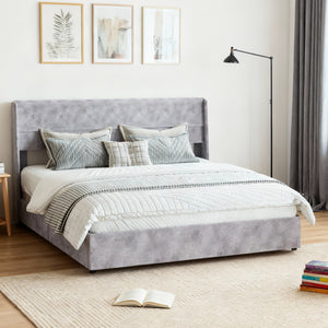 CONCETTA Metal full-size lift storage bed, modern wing-style headboard, velvet soft cushions, hydraulic support, no need for spring box, gray