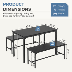 CONCETTA 3-Piece Dining Table Set with 1 Table,2 benches,Space-Saving Small Dining Set for 2–4 People for Apartment, Daily Meals & Bistro