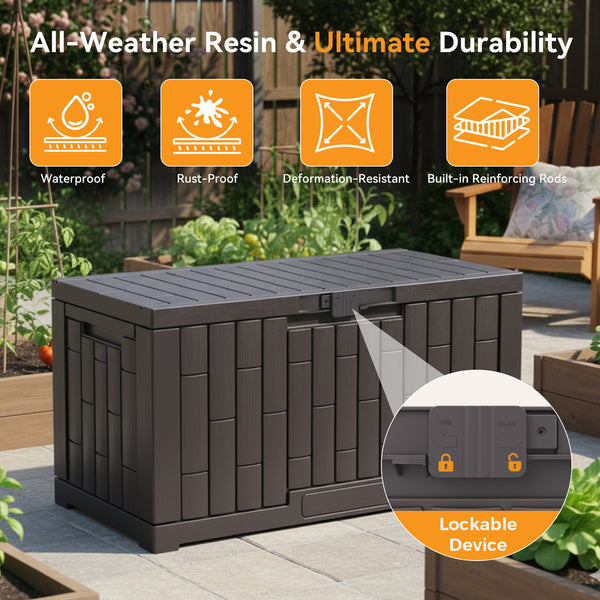 CONCETTA 60-Gallon Waterproof Deck Box, UV-Resistant Resin Outdoor Storage, Lockable Wide-Opening Lid, Garden Patio Storage Bench