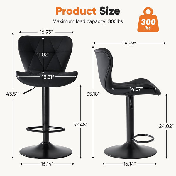 Set of 2 Swivel Bar Stools - Adjustable Height Modern Faux Leather Barstools Counter Bar Chairs with Backrest for Kitchen Island & Home Bar, Black