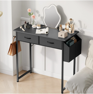 32/48 inch Small Desk with Fabric Drawers for Adult, Vanity Desk with Storage for Bedroom, Black