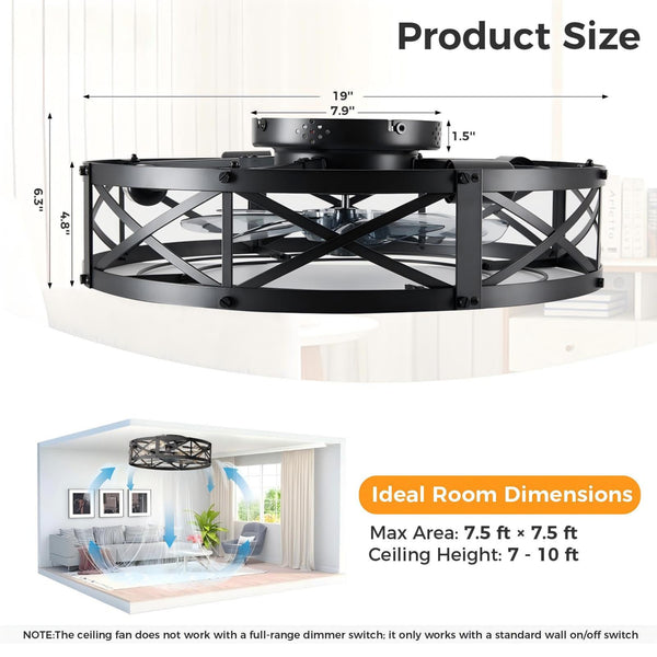 SHOUFTW Bladeless Farmhouse Flush Mount Ceiling Fan with Lights, Remote Control Rustic Low Profile Caged Quiet Fandelier for Bedroom Kitchen