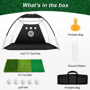 10x7 Ft Golf Practice Hitting Net with Tri-Turf Mat for Indoor Outdoor Use - Real Feel Golf Mats & Portable Golf Net for Garage, Backyard, Driving