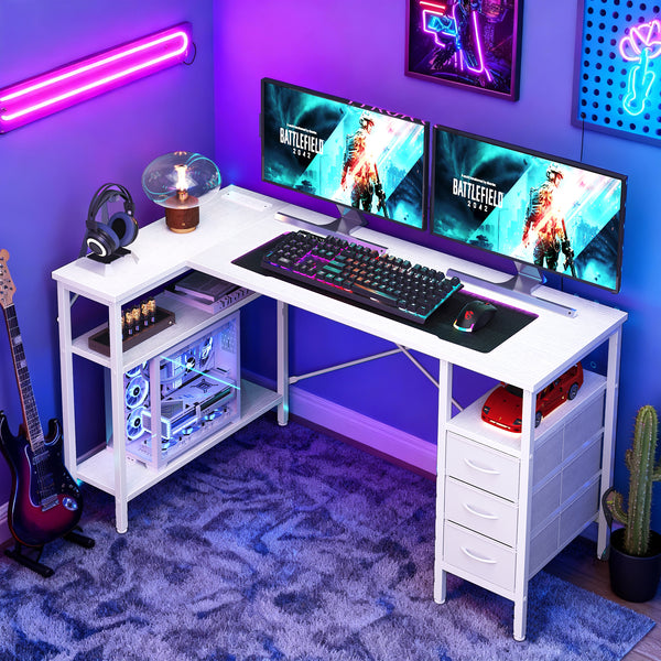 47"L Shaped Computer Desk with 3 Drawers, Power Outlets, USB Ports, and Monitor Stand, Corner Gaming Desk for Home Office