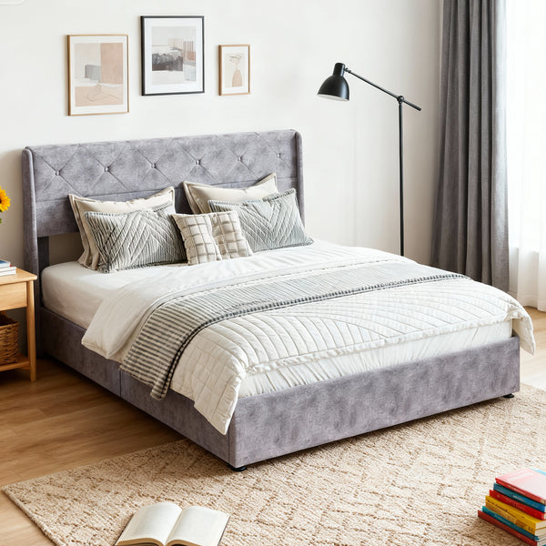 CONCETTA Metal full-size lift storage bed, modern wing-style headboard, velvet soft cushions, hydraulic support, no need for spring box, gray