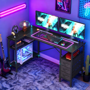 47"L Shaped Computer Desk with 3 Drawers, Power Outlets, USB Ports, and Monitor Stand, Corner Gaming Desk for Home Office