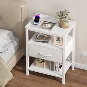 CONCETTA Small Night Stand with Charging Station, 1 Fabric Drawer, USB Ports and Outlets, Open Storage Shelf Bedside End Table for Bedroom, Black，Black Brown,Rustic Brown，White