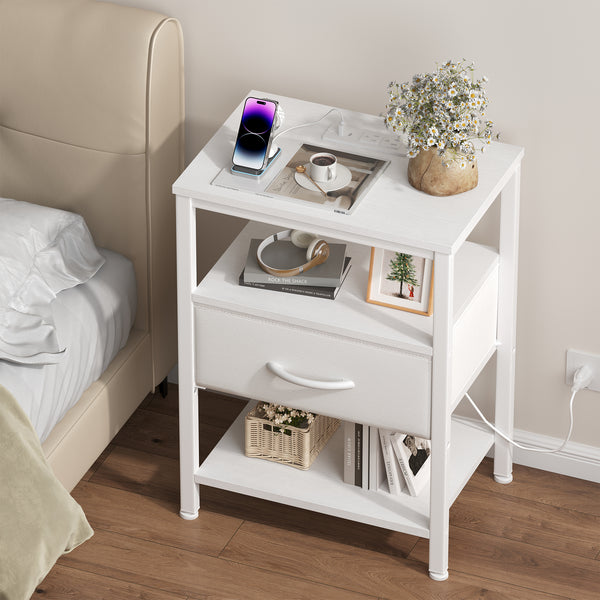 CONCETTA Small Night Stand with Charging Station, 1 Fabric Drawer, USB Ports and Outlets, Open Storage Shelf Bedside End Table for Bedroom, Black，Black Brown,Rustic Brown，White