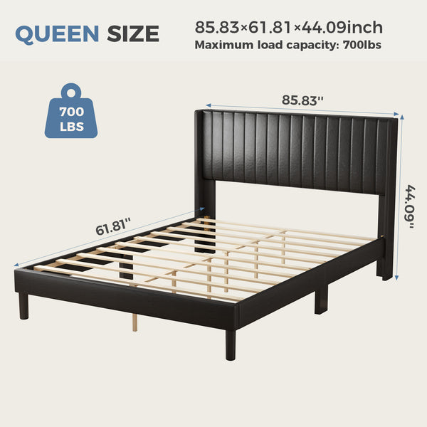 CONCETTA Full Size Bed Frame with Wingback PU Upholstered Headboard and Wooden Slats Support, No Box Spring Needed, Easy Assembly, Black