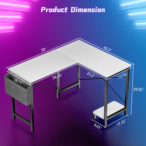 CONCETTA L-Shaped Computer Desk - 50" Corner Gaming Table with Console Shelf and Side Storage Pocket for Office, Bedroom, Living Room