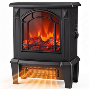 SHOUFTW 18" Freestanding Electric Fireplace Stove, 1400W Space Heater with 3D Realistic Flame, Indoor Fireplace for Bedroom, Living Room, Office, Black