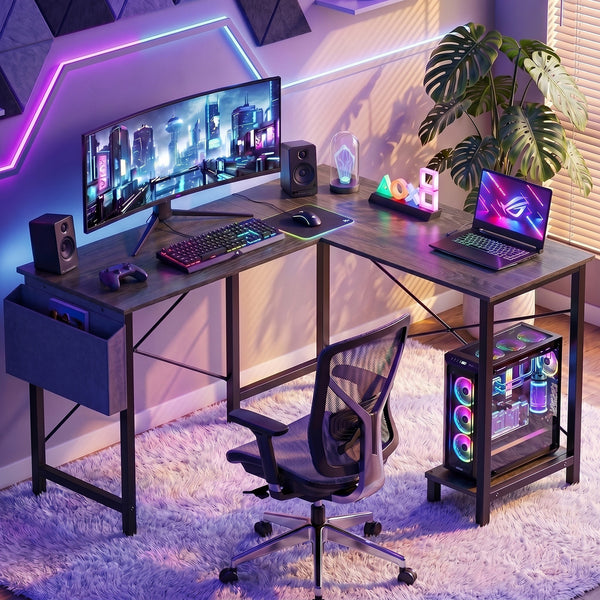 CONCETTA 49 Inch Modern L Shaped Computer Desk with Lower Storage Shelf & Side Bag, Two-Way Convertible Corner Gaming Table for Home Office