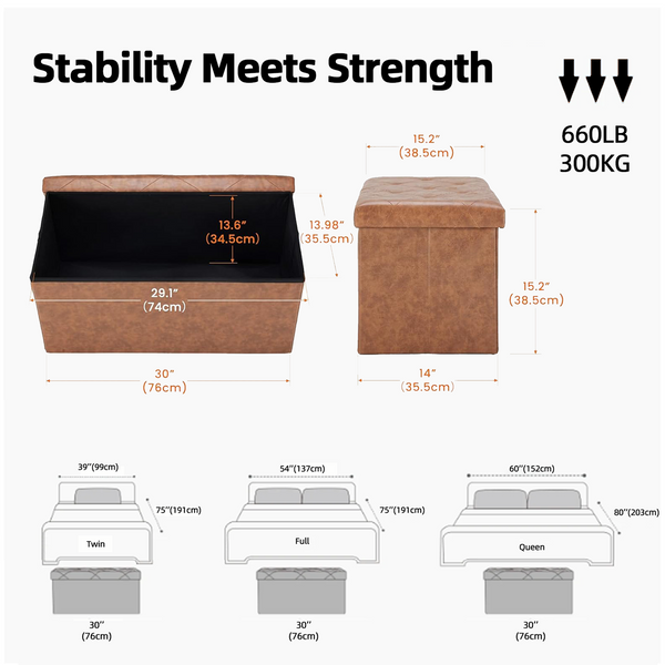 CONCETTA 30" Storage Ottoman – Foldable Faux Leather Stool with Storage, 660 lb Capacity, for Bedroom, Living Room, Entryway, Brown