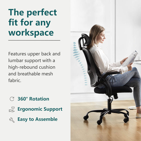 CONCETTA Ergonomic office chair - high back with wheels, adjustable headrest and flip-up armrests for bedroom, study, living room, office