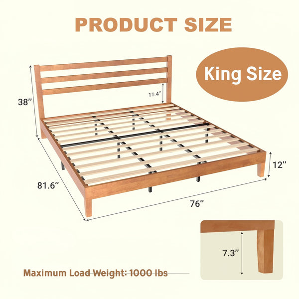 Wood Bed Frame with Headboard, Walnut Finish, Sturdy Slat Support, Ideal for Bedroom and Guest Room