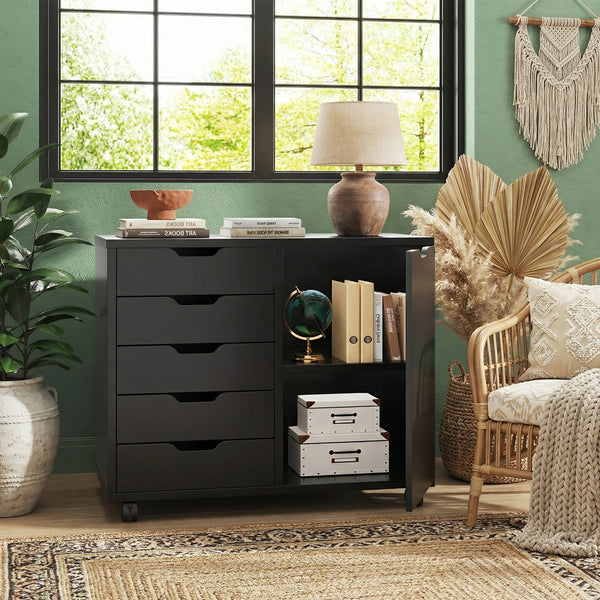 CONCETTA 5-Drawer Wood Storage Cabinet for Office & Home, Mobile Lateral Filing Cabinet, Printer Stand Cabinet with Adjustable Shelf, Wheels with Breaker