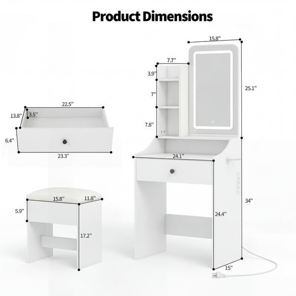 CONCETTA Vanity Desk with Mirror and Lights, Makeup Vanity Table with Hair Dryer & Power Outlet, Dressing Table for Bedroom