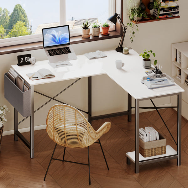 CONCETTA 49in Reversible L Shaped Computer Desk with Storage, Coner Desk with Wooden Desktop, CPU Stand and Side Bag for Home Office & Gaming