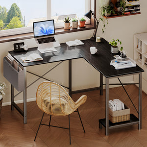 CONCETTA 49in Reversible L Shaped Computer Desk with Storage, Coner Desk with Wooden Desktop, CPU Stand and Side Bag for Home Office & Gaming