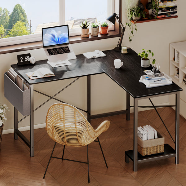 CONCETTA 49in Reversible L Shaped Computer Desk with Storage, Coner Desk with Wooden Desktop, CPU Stand and Side Bag for Home Office & Gaming