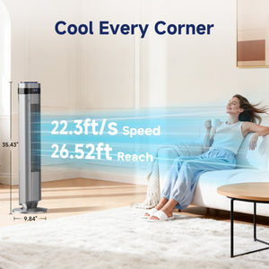 SHOUFTW Tower Fan Standing Bladeless, 23ft/s Velocity Quiet, 64° Oscillating with 5 Speeds, 4 Modes, 12H Timer for Indoor Bedroom