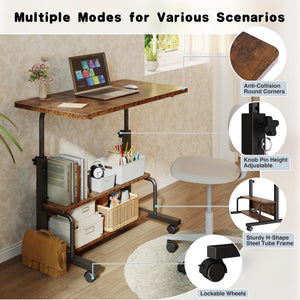 CONCETTA 31.5'' Adjustable Height Rolling Computer Desk with Storage Shelves, Portable Mobile Desk for Small Spaces Home Office