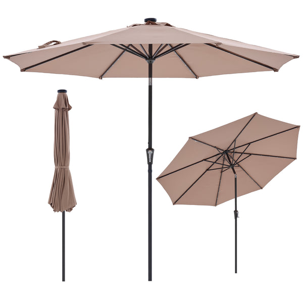 SHOUFTW 10FT Outdoor Patio Umbrella with Solar LED Lights, Push-Button Tilt Market Umbrella, Weather-Resistant 8-Rib Sun Shade for Patio, Garden, Backyard, Deck or Poolside