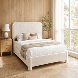 CONCETTA Bed Frame with Boucle Upholstery, Modern Platform Bed with Headboard, Soft Rounded Corners, No Box Spring Needed, Easy Assembly, White
