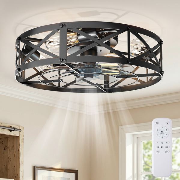 CONCETTA Farmhouse Flush Mount Ceiling Fan with Lights, Quiet Bladeless Fandelier for Bedroom Kitchen, Remote Control Rustic Low Profile Caged Ceiling Fan