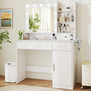 CONCETTA Modern Adult Vanity Desk 1 Piece with Mirror, Power Outlet and Lights, White Table Set